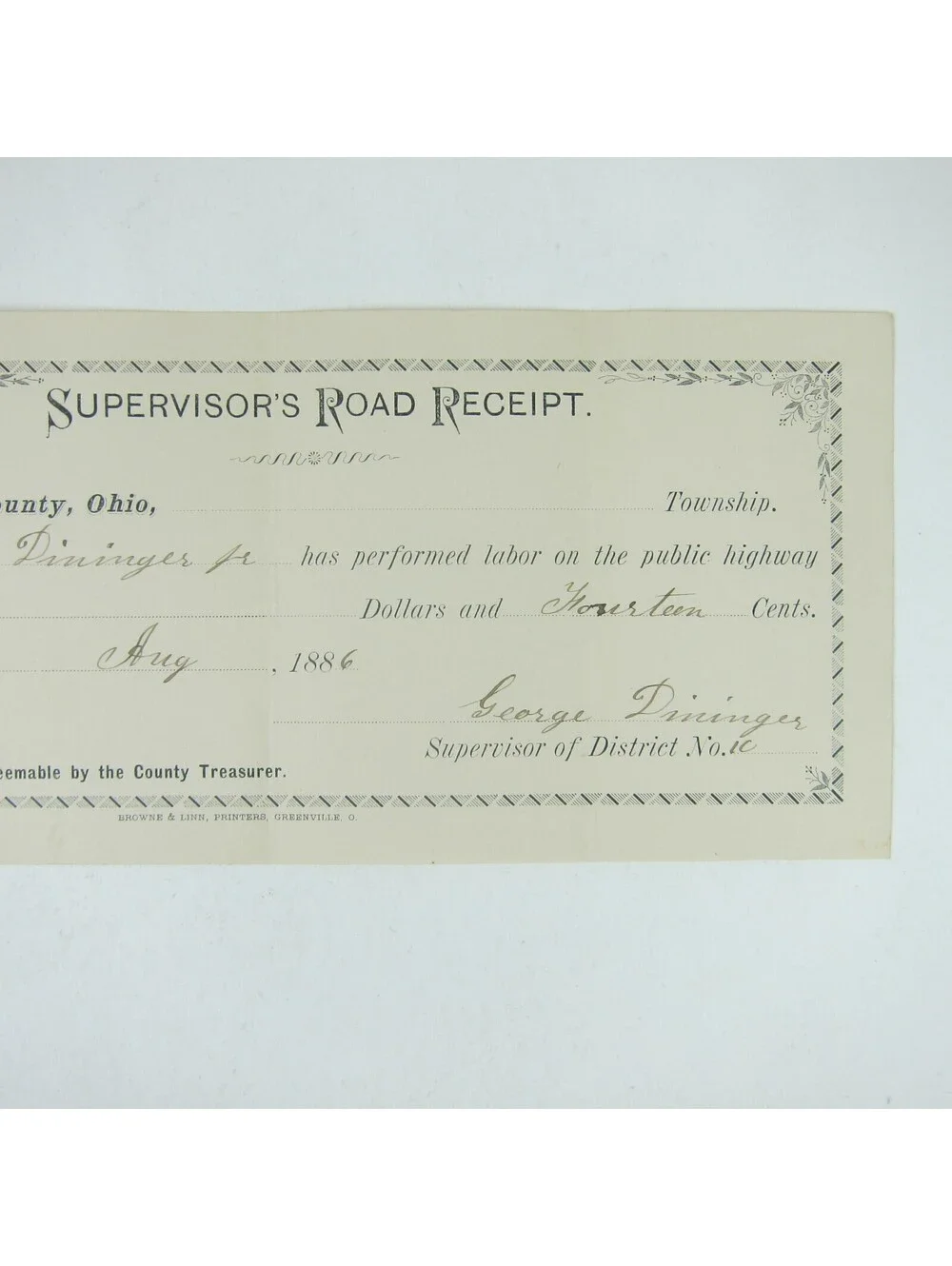 Darke County Ohio Supervisors Road Receipt Highway Work Dininger Antique 1886